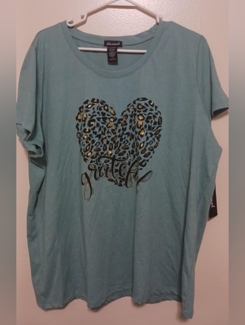 Delusional Teal Leopard Heart Graphic Tee with Gold Accents 2x A-19